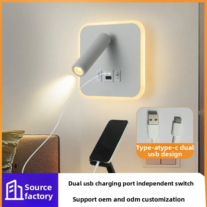 

Minimalist Wall Lamp USB Type C A Charging Bedside Reading Light with Switch for Hotel Bedroom
