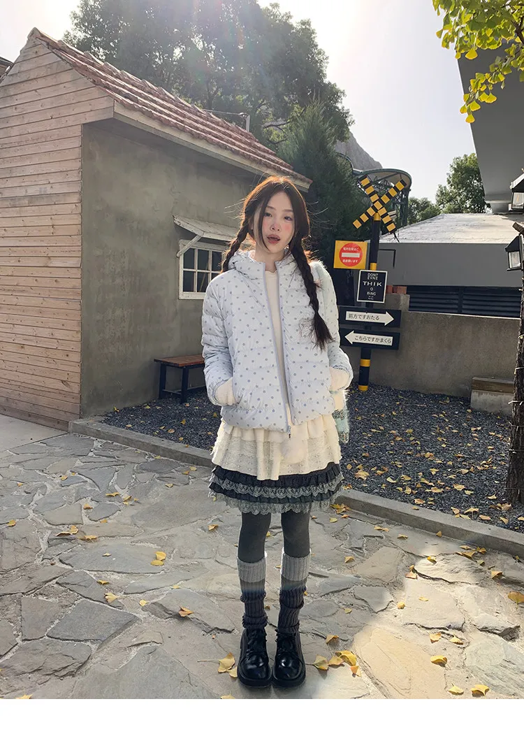 Korean Cropped Polka Dot Hooded Cotton-padded Jacket Women Zip Up Casual Winter Warm Outerwear Woman Sweet Cute Puffer Jackets
