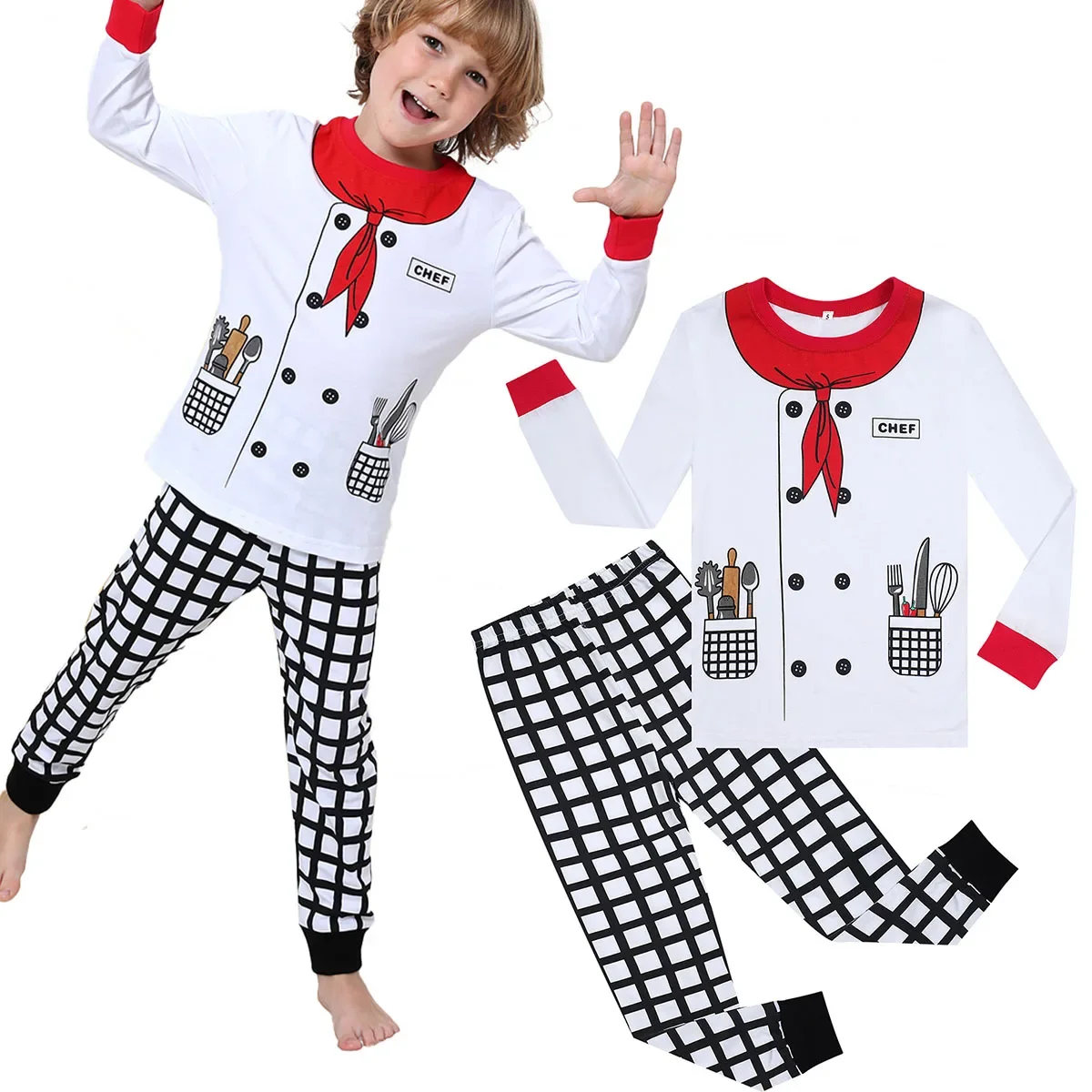 

Boy Pyjamas Halloween Pajamas Kid Chef Costume Cooking Game Uniform Cosplay Party Toddler Preschool Career Day Theme Clothes Set