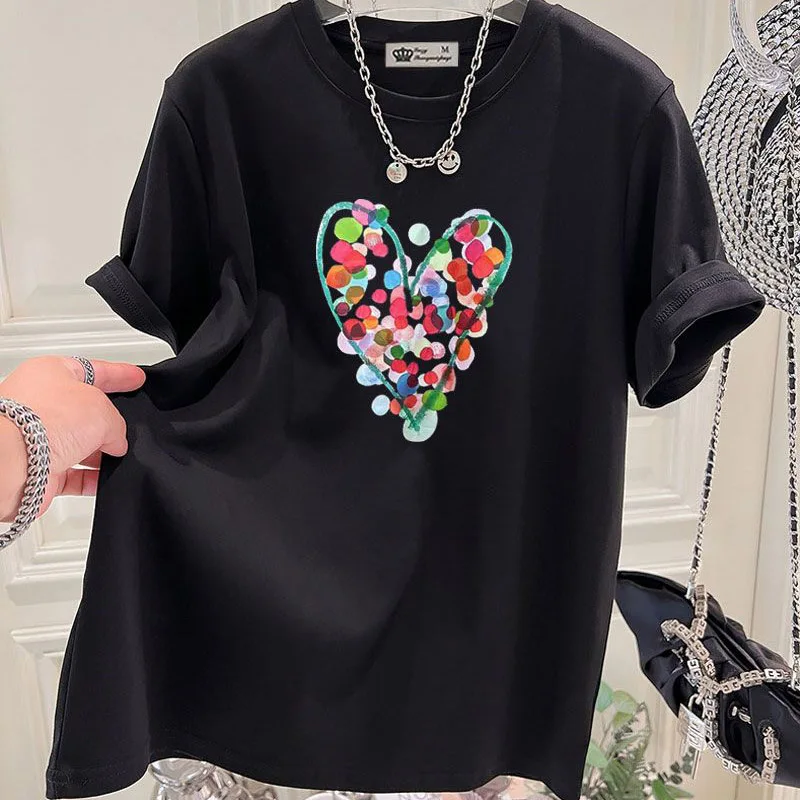 Summer Fashion Hand-Painted Polka Dot Printing T-shirts Women Pure Cotton O-neck Short Sleeve Top Tees Casual Loose Pullover