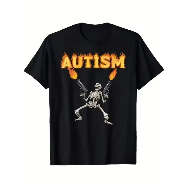 Women's Autism Awareness Skeleton Meme Graphic Meme T-Shirt Men Oversized Tee Cotton Unisex Harajuku Short Sleeve Vintage Tops