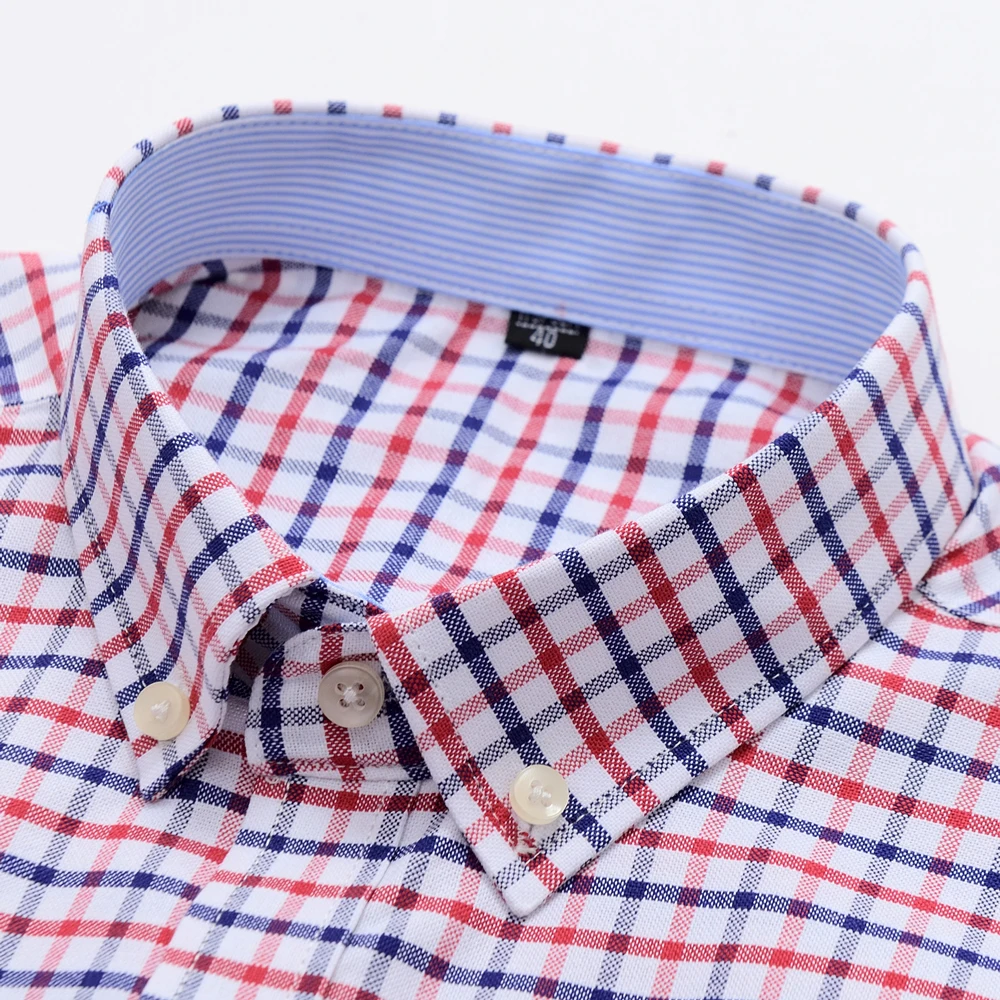 Men 100% Cotton Long Sleeve Plaid Oxford Shirt with Button-Down Collar, Casual Color-Contrast Inner Lining & Embroidered Pocket