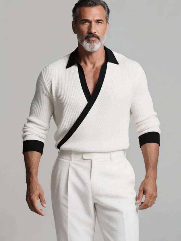 Men's Lapel Collar Wrap‑Front Shirt Contrast Black Trim Vertical Textured Long‑Sleeve Slim‑Fit Tops