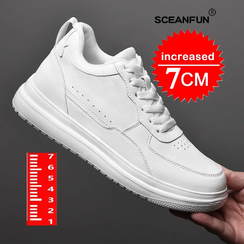 lift height New Height Increasing Shoes For Men 7CM Invisible Elevator Sneakers White Leathe Sport Zapatillas De Hombre