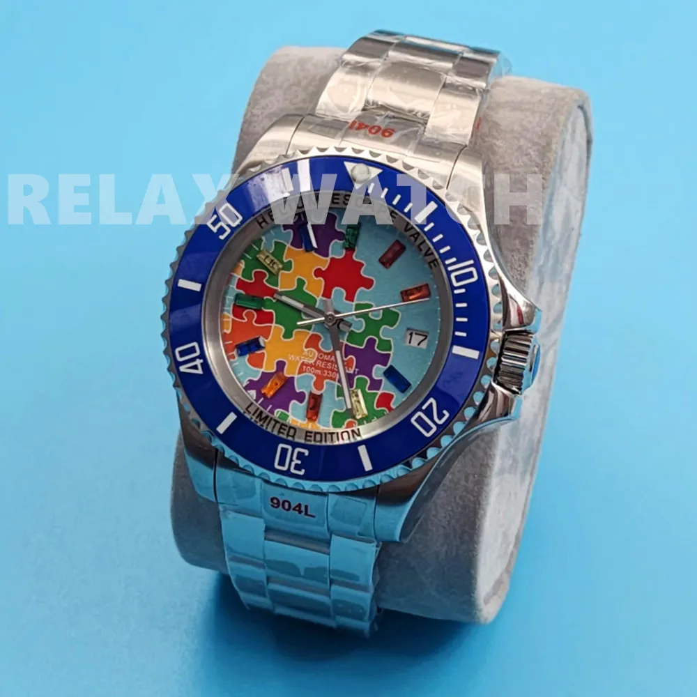 43mm SEA Colorful Stone Studs Puzzle Dial Stainless Steel Watch Japan NH35 Automatic Movement