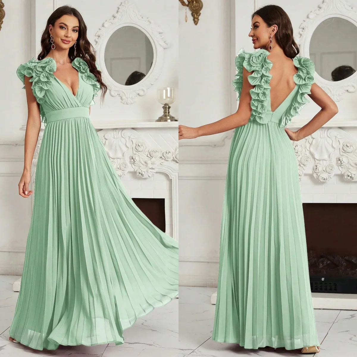 Vestidos de Noche de línea A vintage para mujer, vestidos de fiesta de gasa sin mangas con volantes, cuello en V Sexy, vestidos formales para invitados de boda de celebridades