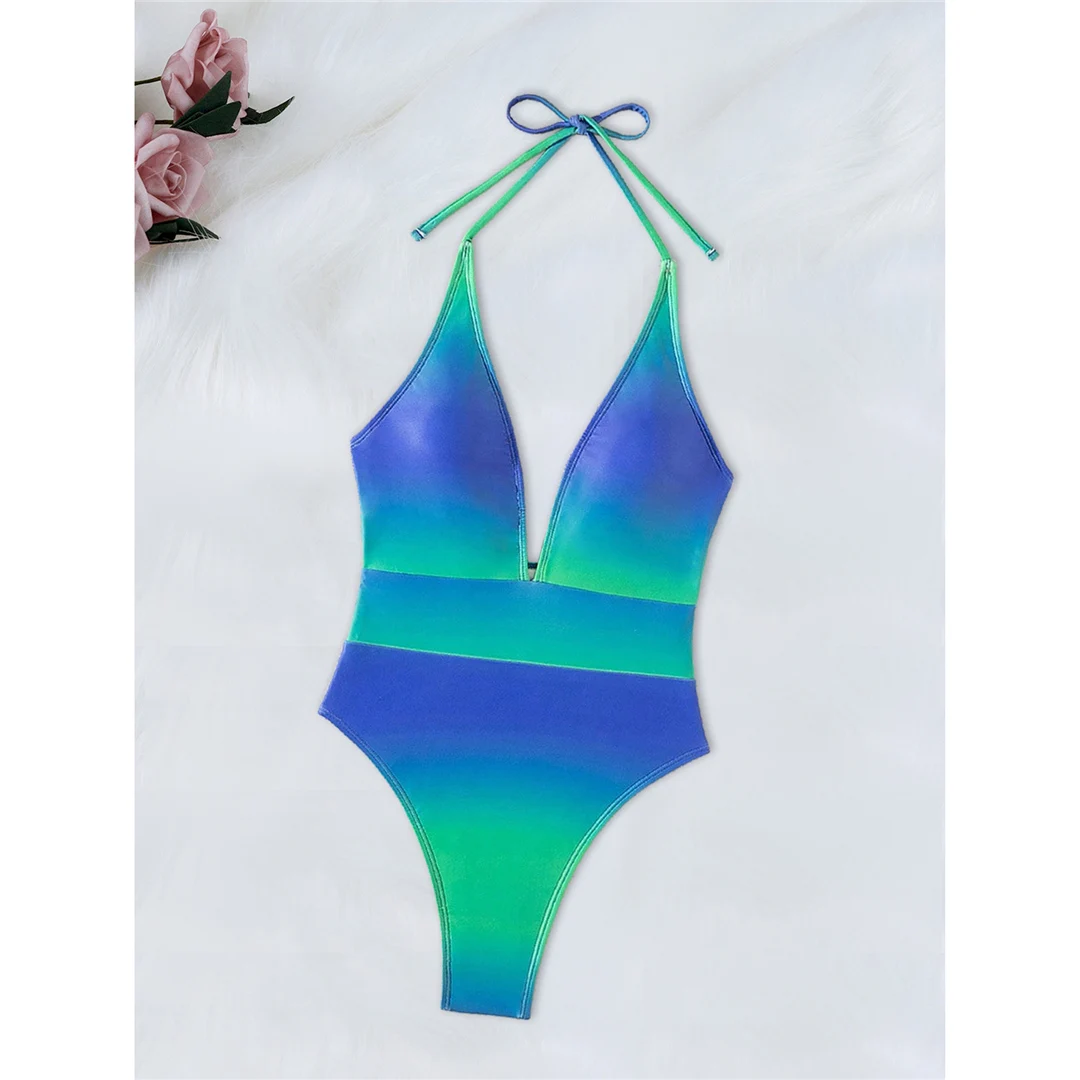 Tief ausgeschnittener, rückenfreier, einteiliger Badeanzug mit Halterneck und Batikmuster für Damen, High-Cut-Monokini, Badebekleidung, Badeanzug, Modell V6314 – Detail 5
