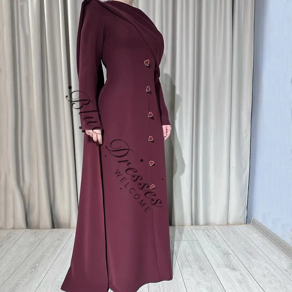 

customized O-neck Burgundy Jersey Straight Evening Dress Crystal Button Full Sleeves Floor Length Party Prom Gown