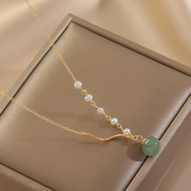 Chinese Style Sterling Silver Asymmetric Chain Hetian Jade Bead Pearl Pendant Necklace for Woman Retro Jewelry Accessories Gifts