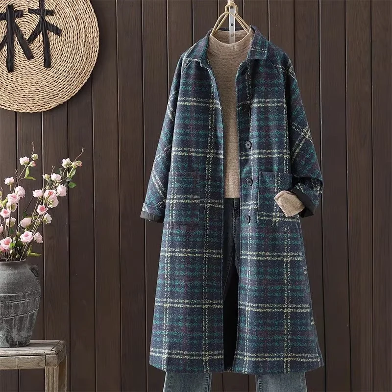 

Retro Plaid Woolen Coat Clothing For Women Large Size Top 2025 Autumn And Winter New Style Thick Loose Windbreaker Jacket W814