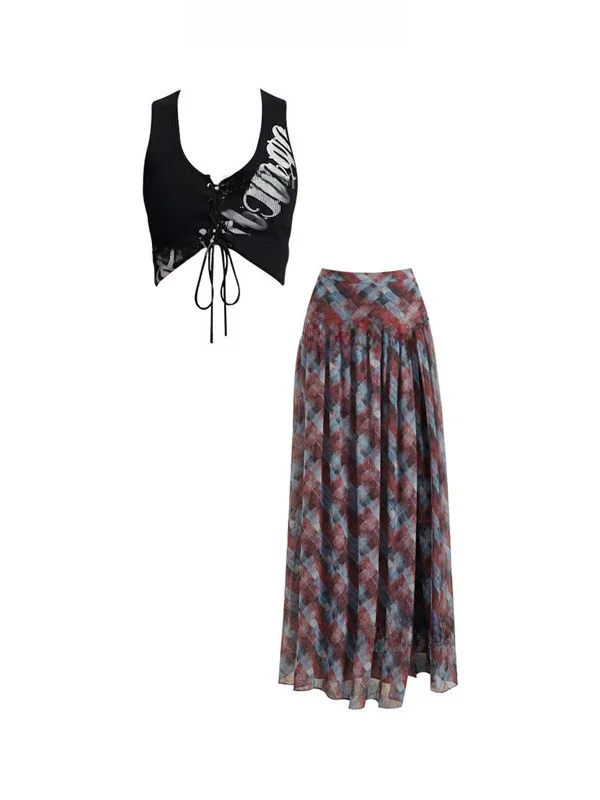 

Черная клетчатая юбка и жилет с принтом в стиле ретро, модная одежда больших размеров для женщин, весенне-летняя сезонная коллекция