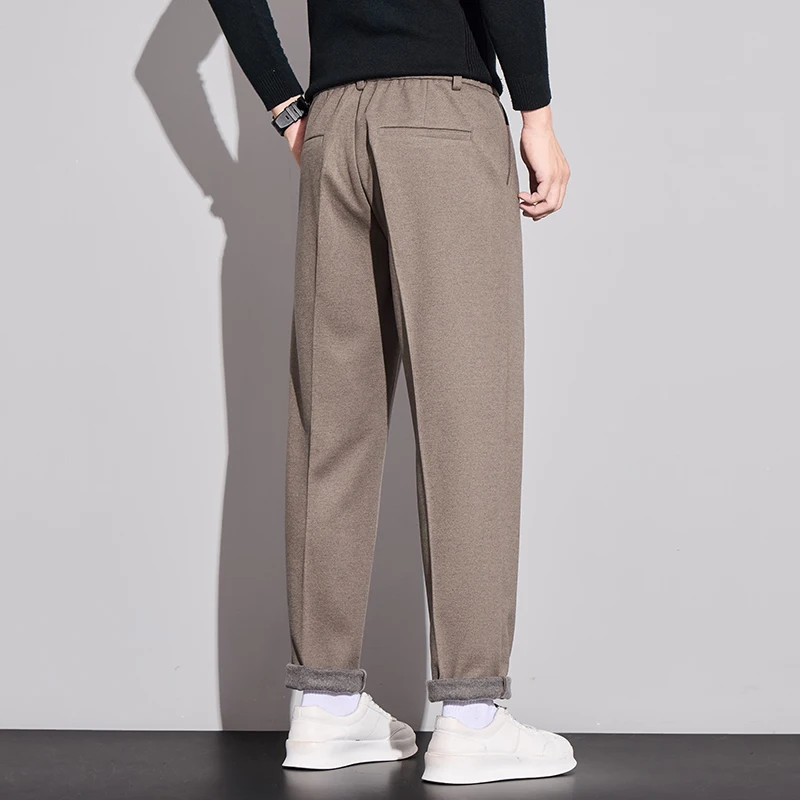 Men Thick Wool Blend Dress Pants Pleated Straight Leg Roll Cuff Trousers Soft Warm Business Casual Autumn Winter Formal Suit