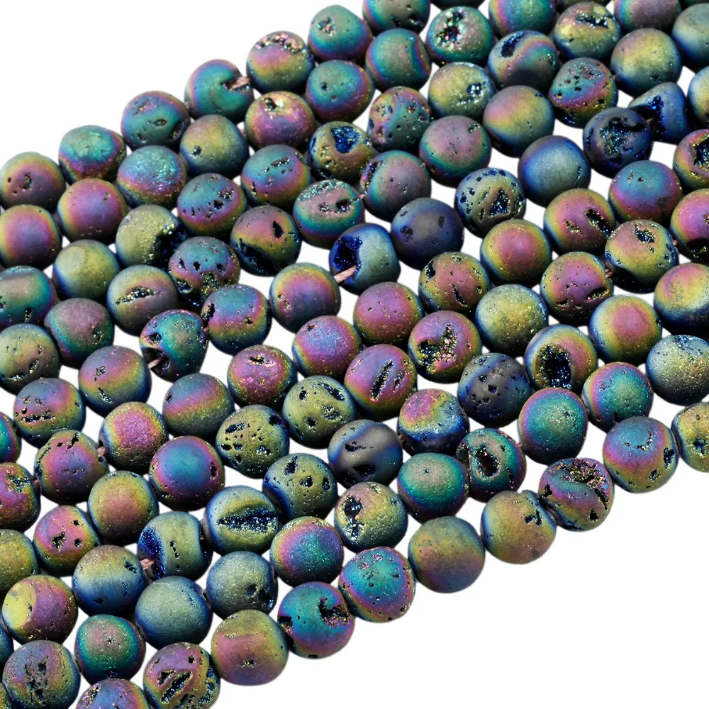 8mm Druzy Geode Round Beads Rainbow Aura Titanium Coated Crystal Quartz Stone Loose Bead For Making DIY Jewelry 15