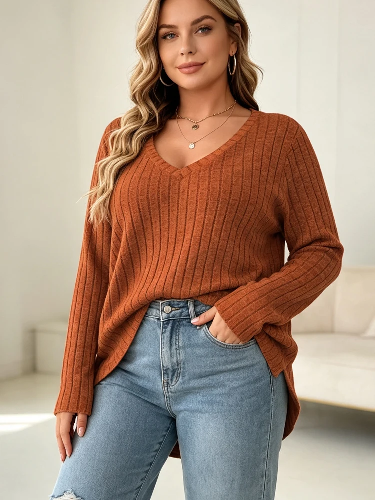 Ribbed Knit Sweater - 2026 Plus Size V-hals Lange Mouw