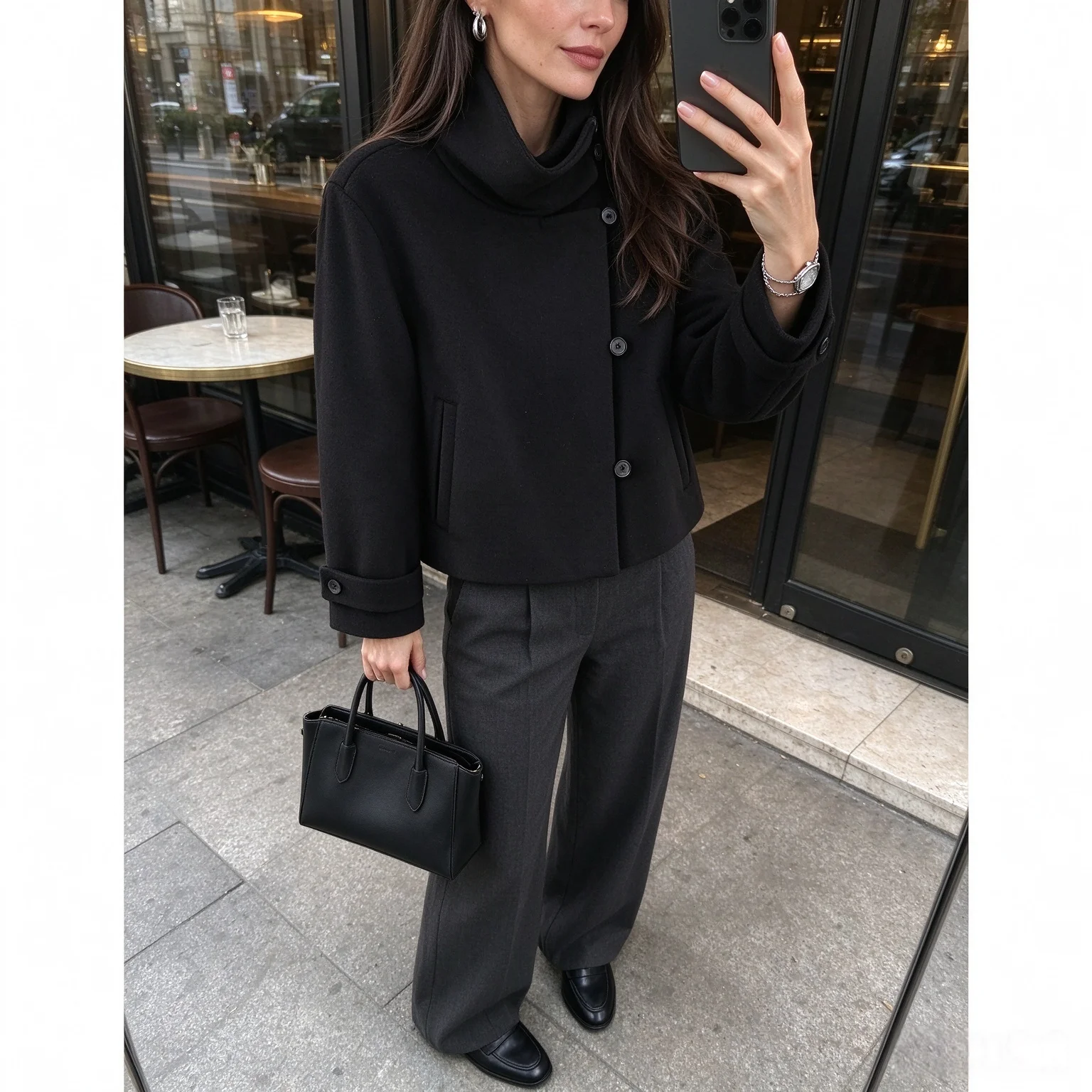 Women Double‑Layer Stand Collar Cropped Wool Blend Jacket Asymmetric Button Placket Long Sleeve Cuff Strap Trim Pockets
