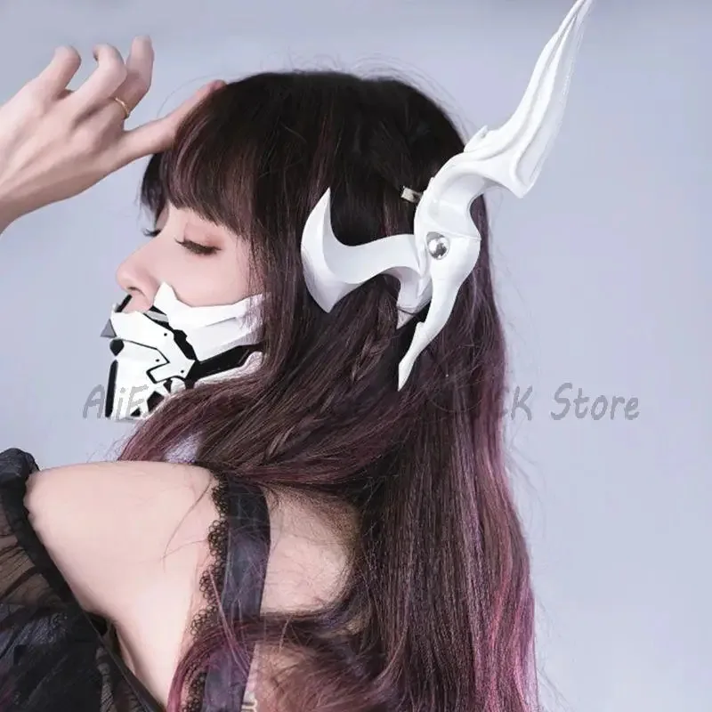 

Function Lolita Devil Horns Cosplay Punk Mask Warrior Half a face Mask Props Cyber Mechanical Cosplay For Men Women Cools