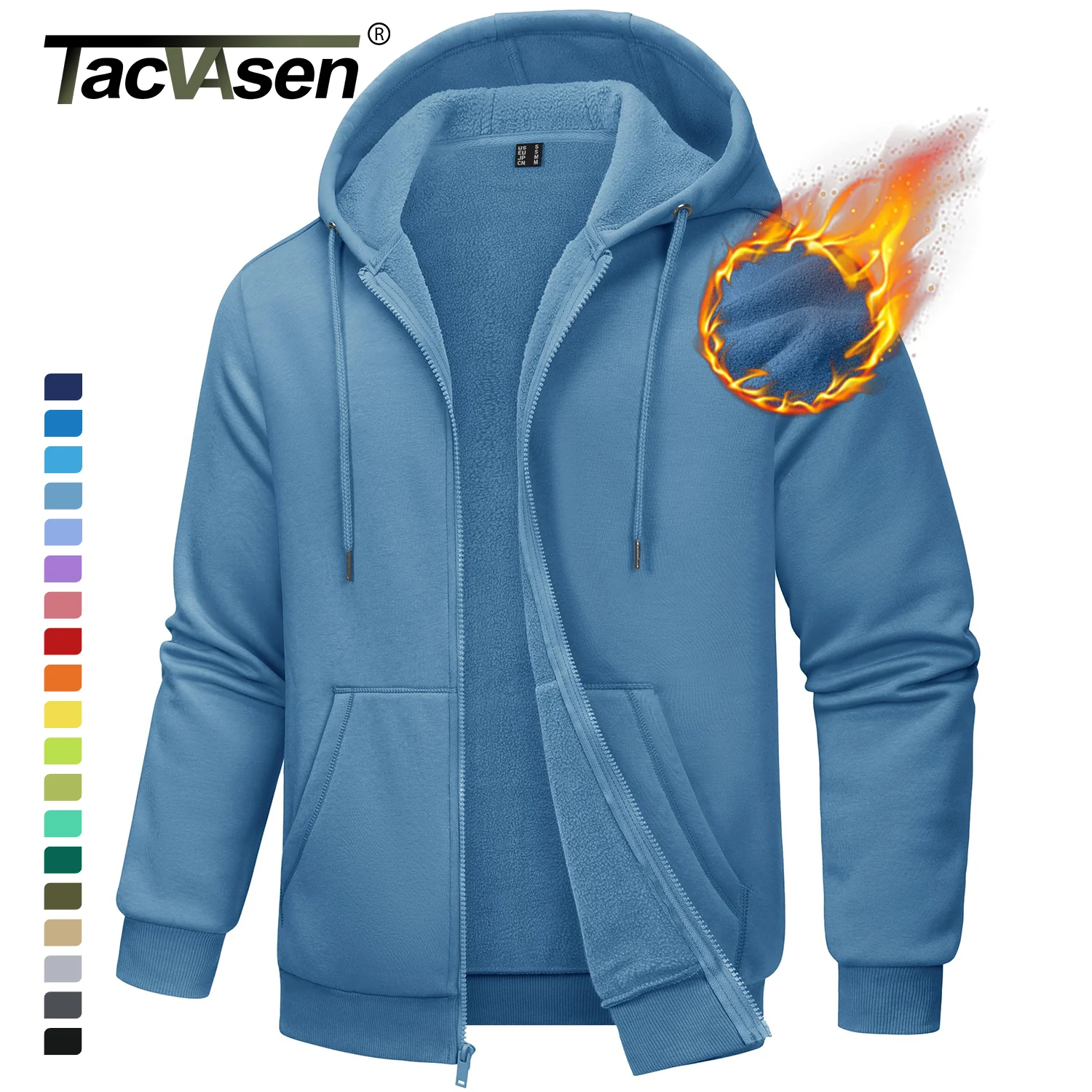 TACVASEN Big Pockets Fleece Lining Hoodies Mens Hooded Coats Full Zip Up Casual Hoodie Jackets Athlete Running Hiking Sportswear