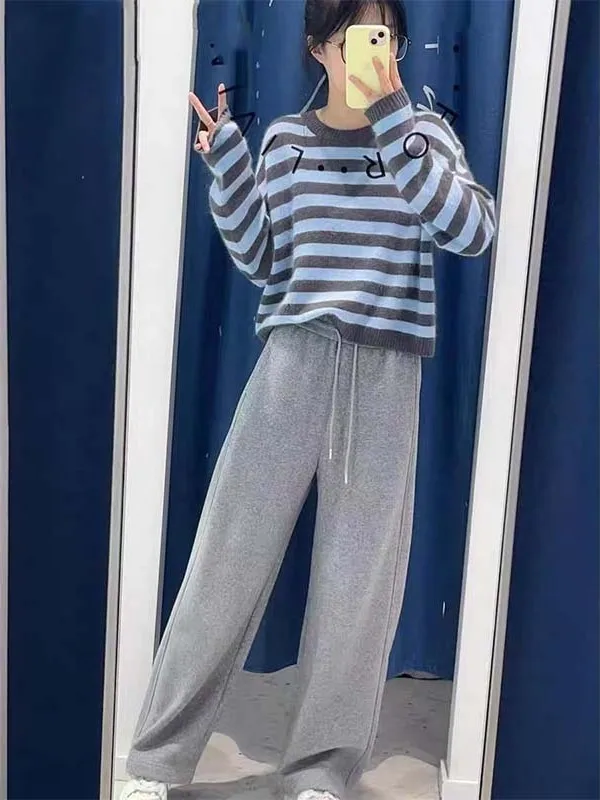 Pantaloni a gamba dritta da donna retrò americano rosa Thiened Fce autunno inverno caldo dimagrante confortevole elastico in vita lungo Tr...