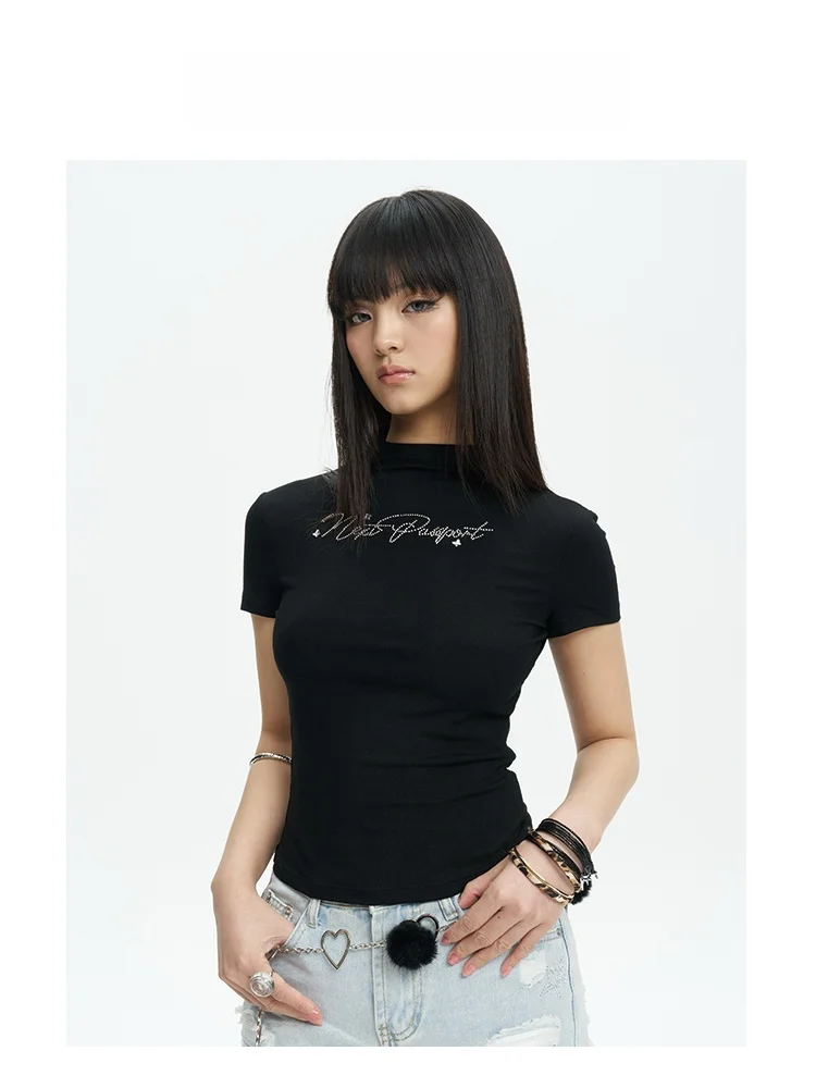 

Comfortable Elastic Logo Rhinestone T-irt Women Summer Spicy ort Sve Slim Fit Waist Cinching oulder Width Regular