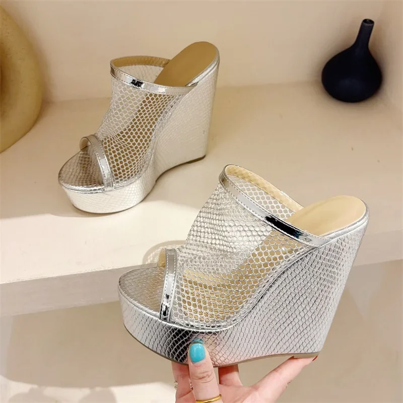 Eilyken Street Style Gold Silver Fashion Open Toe Platform Wedges Women Slippers Design Mesh Fabric Banquet High Heels Shoes