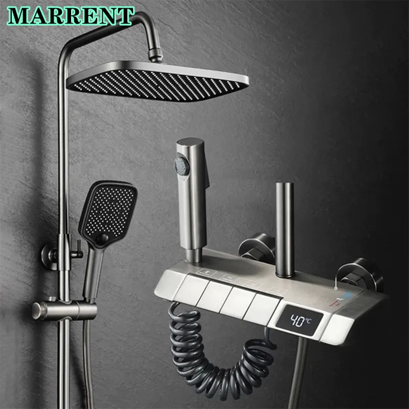 Intelligent Piano Digital Shower System Quality Brass Thermostatic Bathroom Shower Set Wall Mounted Gray Hot Cold Shower Faucets