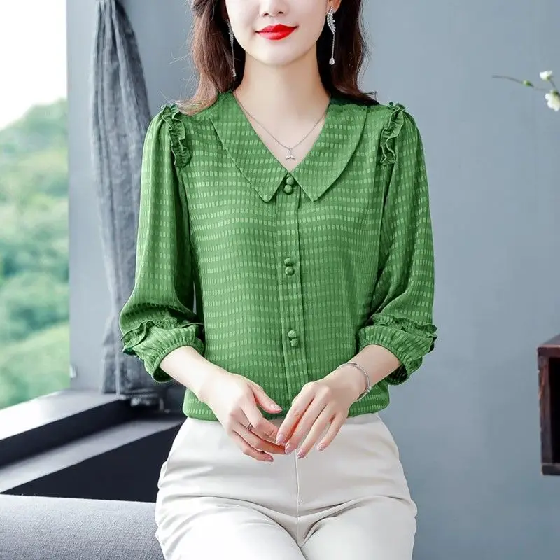 Little Fresh Women\'s Three-quarter Sleeved Shirt Summer Clothes for Women Doll Collar Solid Color Patchwork Ruffles Blouse