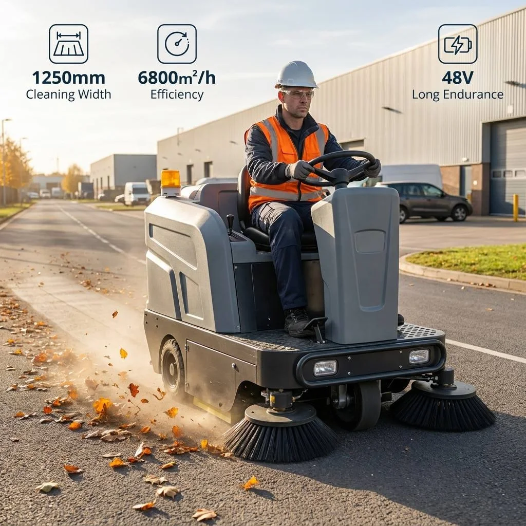 Industrial Ride-on Floor Sweeper 1250mm Width 48V 67Ah Battery Powered 6800㎡/h Efficiency for Road & Warehouse
