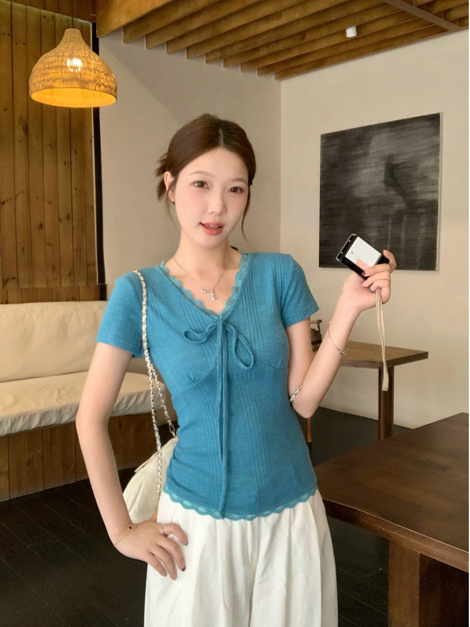

plus Size Women's Blue V-Neck Lace Trim Short Sleeve T-Shirt Slimming Summer Fashion Top Korean Style Commute Wind High Waist
