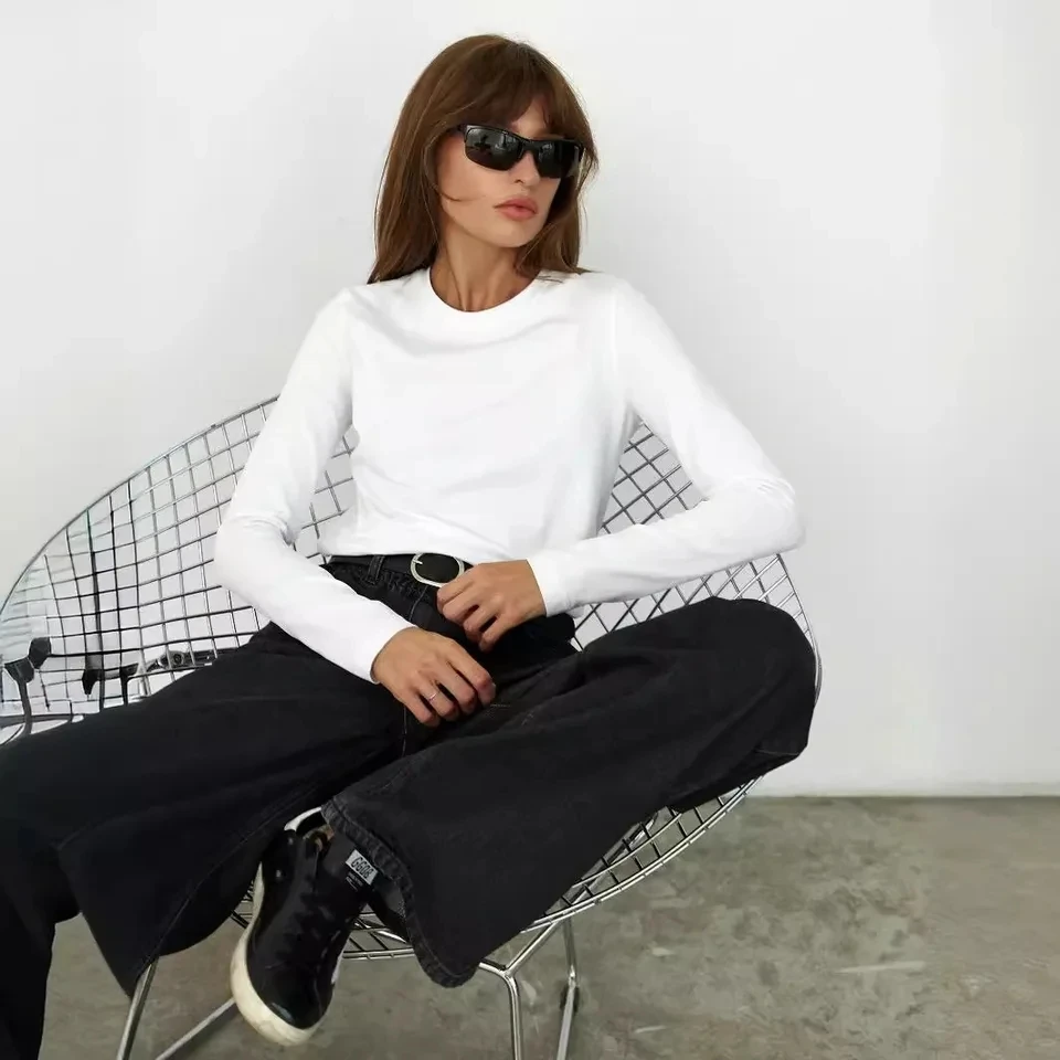 

2026 Spring New Pure Cotton Pullover Round Neck Long Sleeve T Shirt Womens Fashion Leisure Versatile Commute