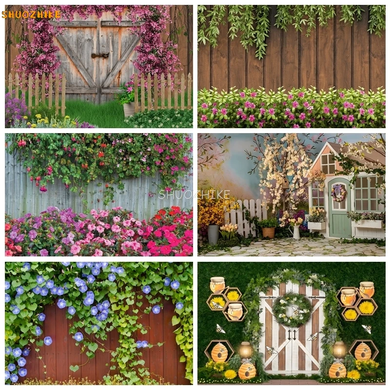 

Spring Flowers Fence Floor Baby Shower Photography Backdrop Newborn Baby Birthday Party Interior Background Photo Studio Props