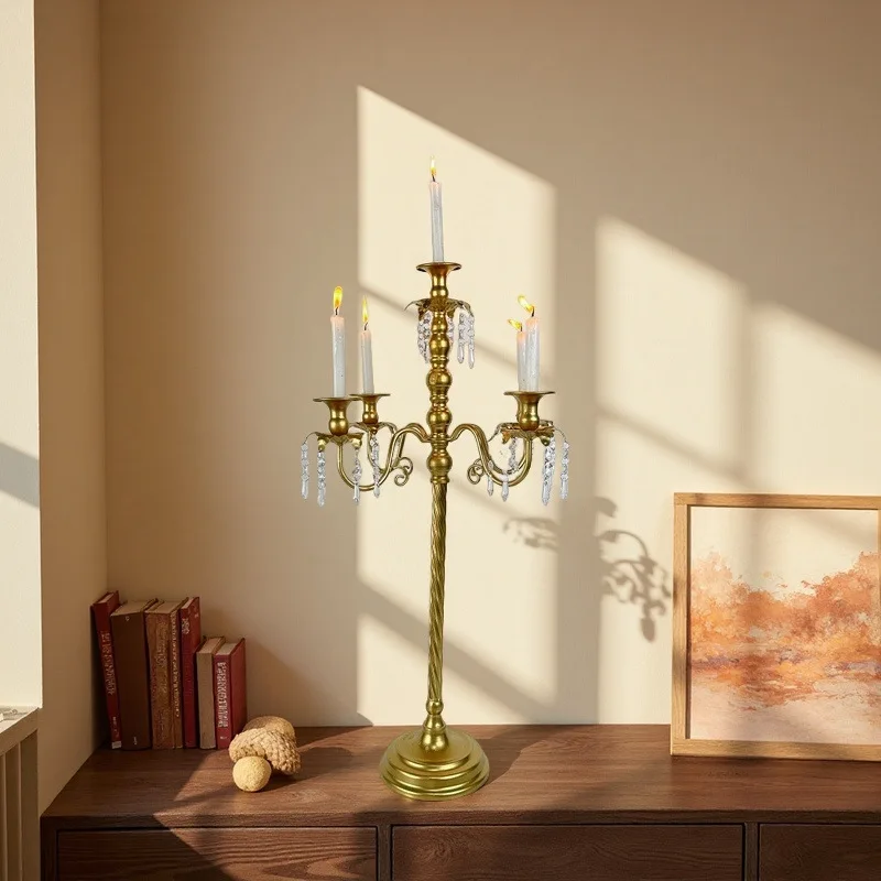 6PCS Romantic Decoration Golden Candlestick Multi-Head Crystal Pendant Candlebra Wedding Table Centerpiece Display Candle Stand
