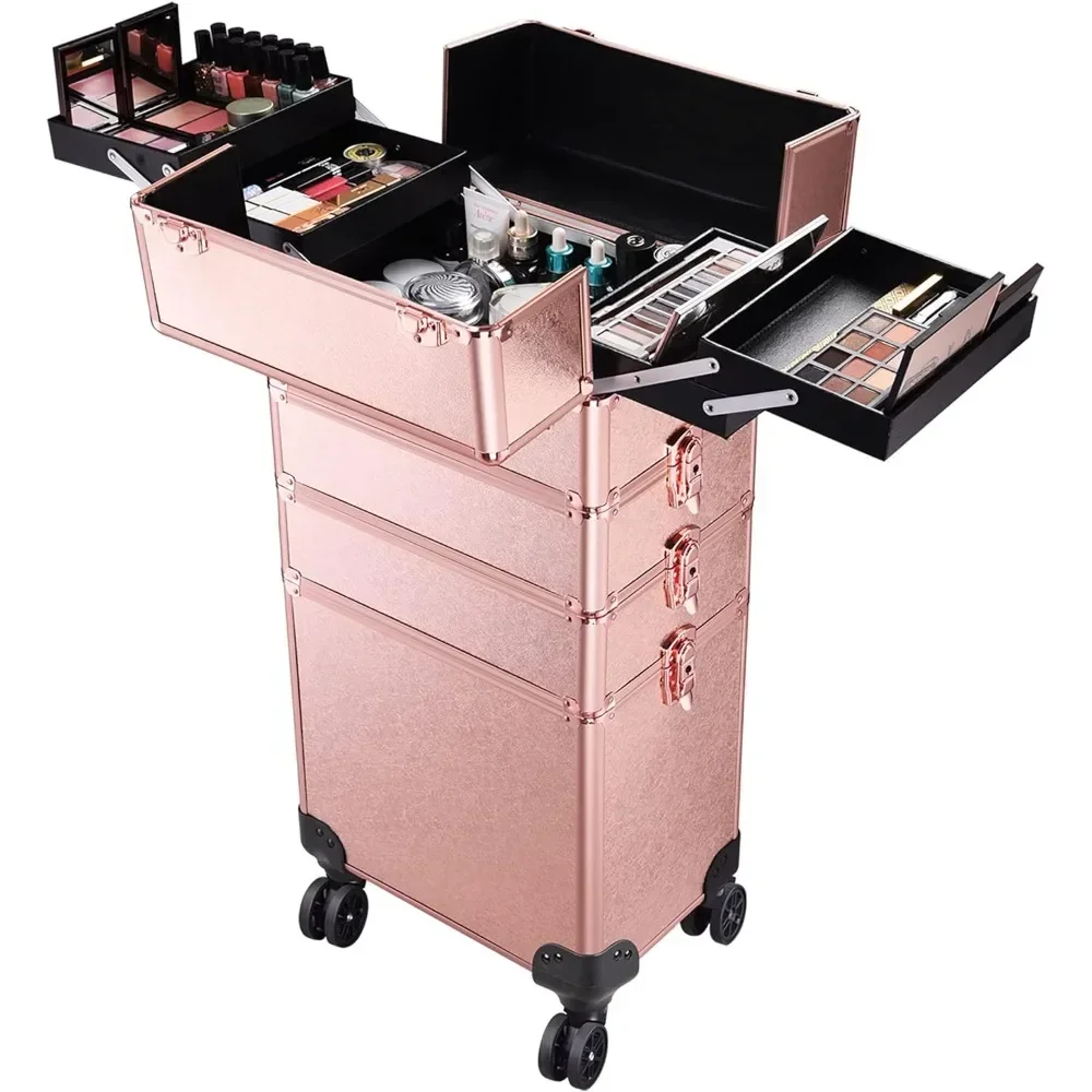 Rolling Makeup Train Case, Professional Cosmetic Organizer, Travel Makeup Trolley Box, Home, Free Shipping, 4 in 1