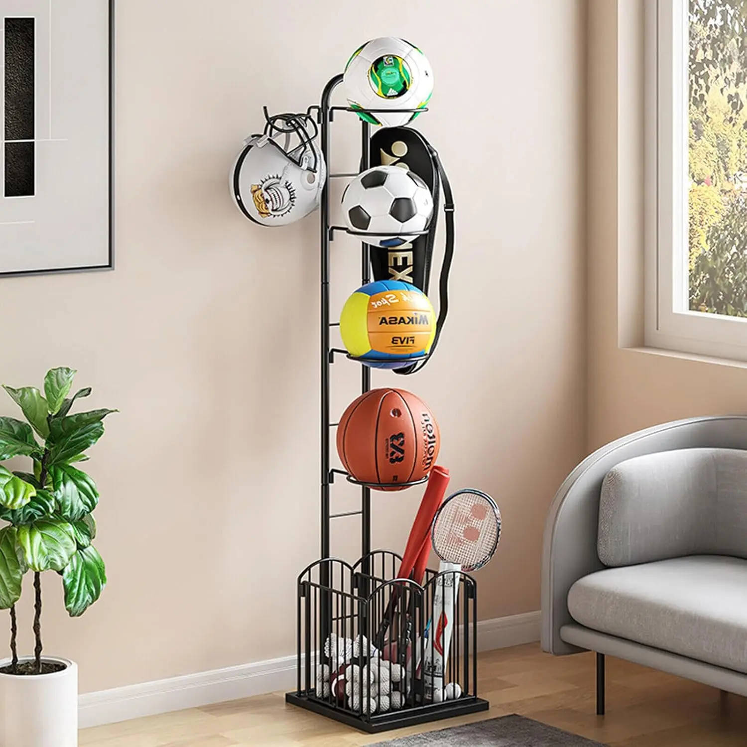 

Баскетбольная стойка, 4-уровневая стойка для хранения футбольных мячей, подставка для баскетбольных мячей, вешалка для скейтборда, держатель-органайзер для снаряжения, в помещении