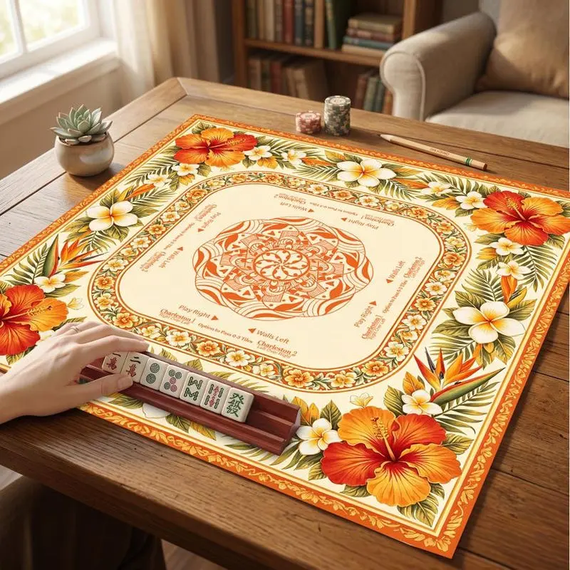 VIKAMA Hibiscus Floral Mahjong Mat Non Slip Noise Insulated Pad Mahjong Poker Domino Desktop Game Cover