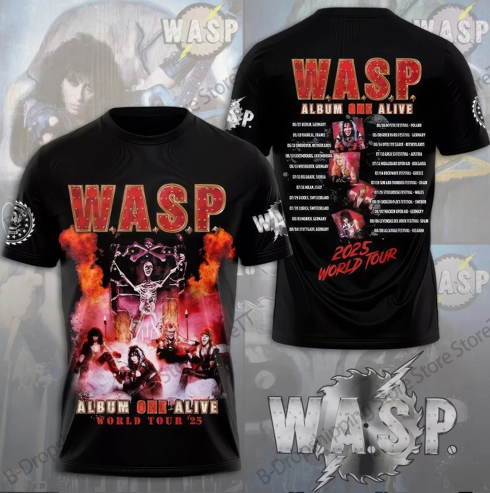 W.A.S.P. ألبوم واحد على قيد الحياة جولة حول العالم ثلاثية الأبعاد تي شيرت مطبوع الرجال النساء موضة عادية كم قصير التي شيرت الاطفال بلايز تيز ملابس رجالي