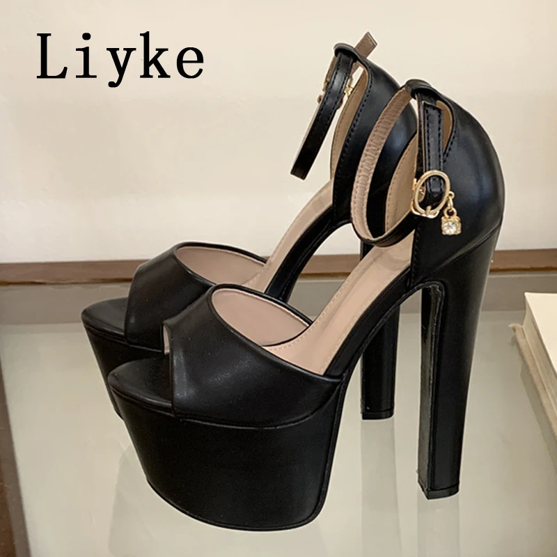 Liyke Model Show 17CM Extreme High Heels Chunky Platform Sandals Women Sexy Thick Bottom Peep Toe Buckle Strap Party Dress Shoes