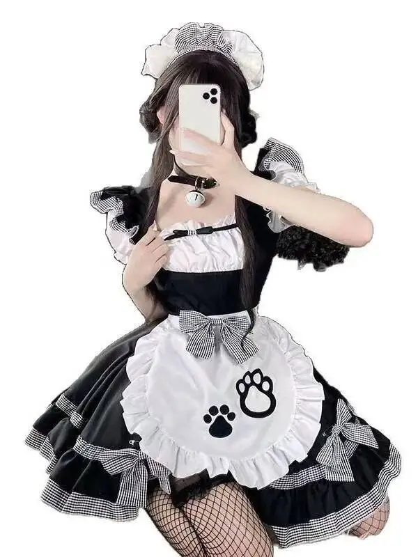 Maid Cute Girl Lolita Dress Lolita Cosplay Cat Ear Maid Pure Desire Bowknot Short Sleeves Apron Dress Bear Paw Print Sweet LPAO