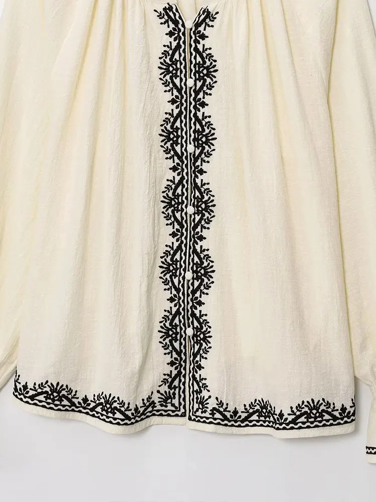 NLZGMSJ 2025 Vakantie Stijl Shirts Voor Vrouw Mode Contrast Kleur Print Shirt Top O-hals Lange Mouw Nieuwe Losse Shirt