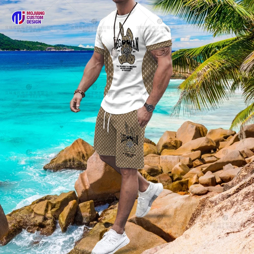 2024 New Cotton Summer Men's T-Shirt Short Sleeve Rabbit Print Brand Casual Oversized Shorts Hip Hop Street Tops Set