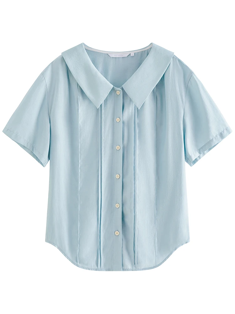 FSLE Simple Retro Short-sleeved V-neck Shirt for Women Summer 2023 Chic Loose Casual Office Lady Lapel Top Shirt Female