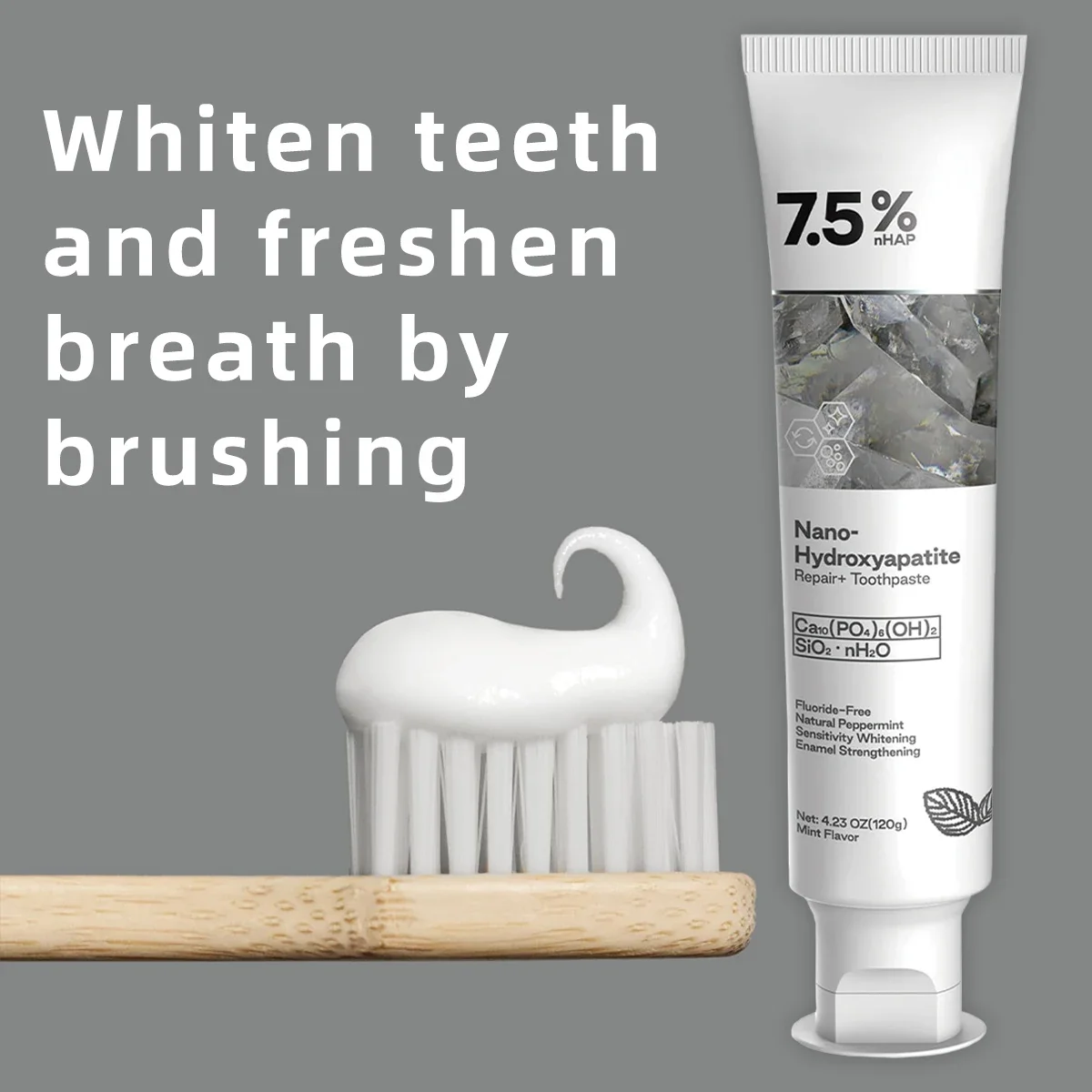 7.5% Fluoride-free toothpaste with nanohydroxyapatite provides advanced care, whitening and tooth removal, removing stains.