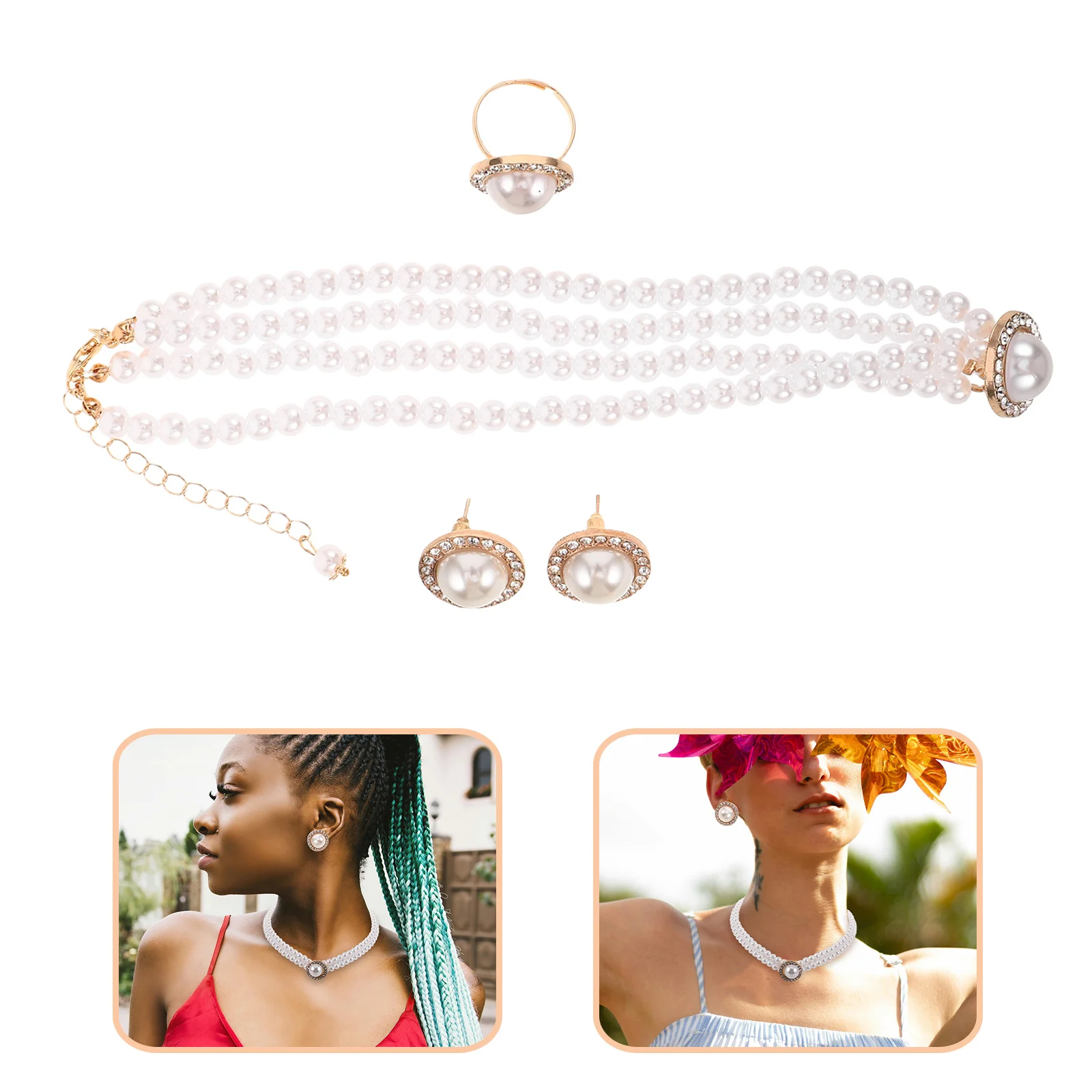 

1Set Pearl Jewelry Set Imitation Pearl Rhinestone Necklace Earring Ring Bridal Wedding Formal Occasions Wedding Earrings