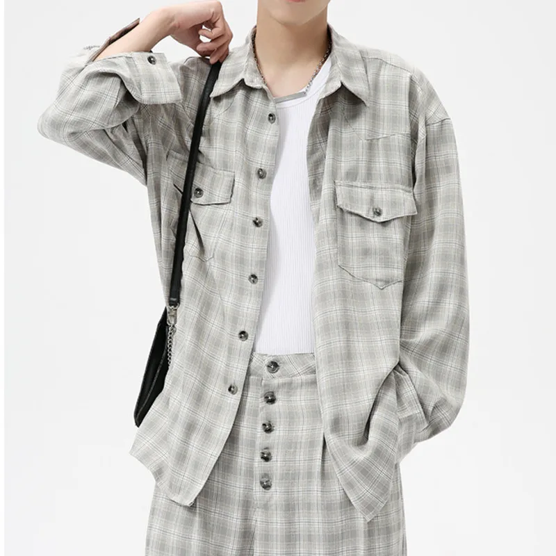 LEVIORTIN Herrenbekleidung |   2024 herbst Neue Produkt Koreanische Retro Casual Kragen Plaid Lose Vielseitig Hemd Hosen Set M6-DJ-6810