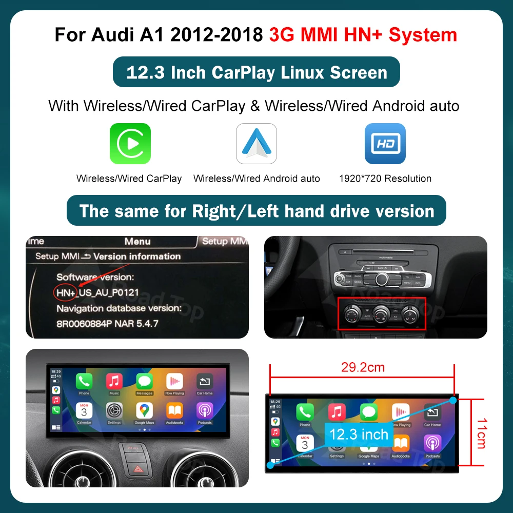 12,3 Zoll RoadTop für Audi A1 2012–2018 Wireless CarPlay Multimedia Display Android Auto Airplay Autolink Funktion