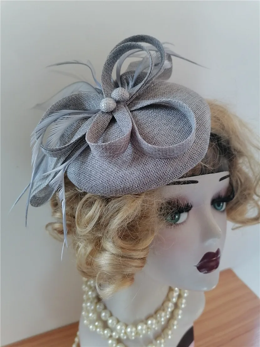 

Grey Feather Evening Party Cap Victorian Cosplay Medieval Hats Vintage Girls Hats Bohemia Floral Chapeau