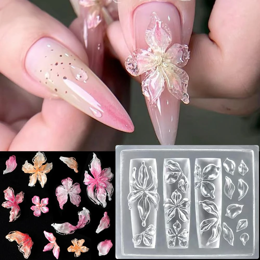 Ice Lily Flower Silicone Nail Mold 3D Gel Nails Floral Charms Designs Reusable Molds Resin Parts for Manicure DIY Carved Tools