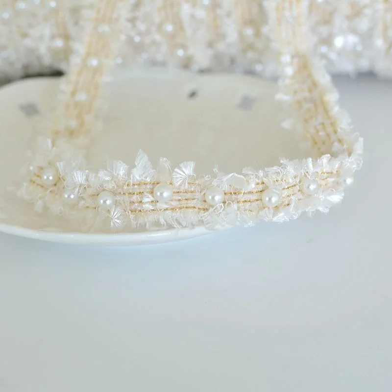 2CM Wide Beautiful Beige Cotton Pearls Embroidery Beaded Fringed Ribbon Handmade DIY Lace Applique Collar Cuffs Apparel Fabric