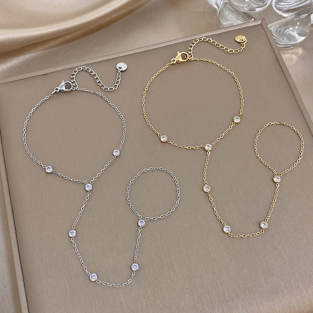 Chic Round Beads Zircon Bracelet for Women Gold Silver Color Stainless Steel Link Connected Finger Ring Bracelets Hand Jewelry