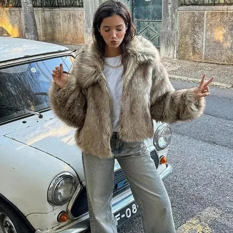 2024 Winter New Fluffy Fur Coat Women Casual Loose Lapel Long Sleeve Faux Fur Cropped Jacket Female Soft Thick Warm Outerwear