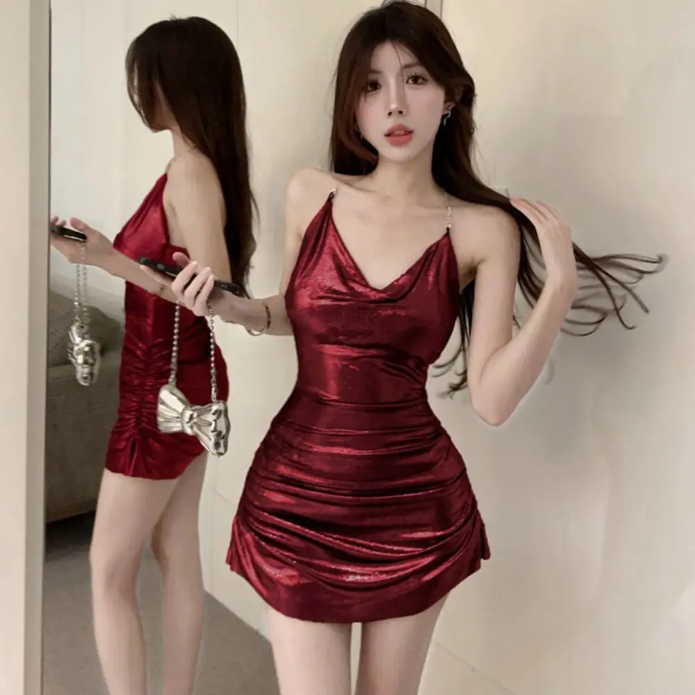 Falda plisada elegante que abraza la cadera, vestido con tirantes sin mangas brillante y sin espalda, ropa de dormir fina, vestido ajustado con tirantes para mujer